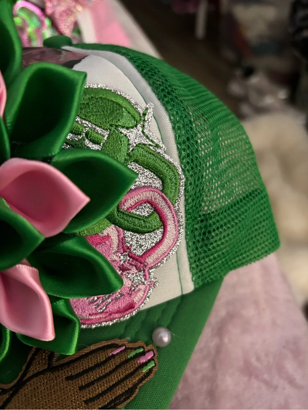 Green Trucker Hat with Pink & Green Ribbon Flower